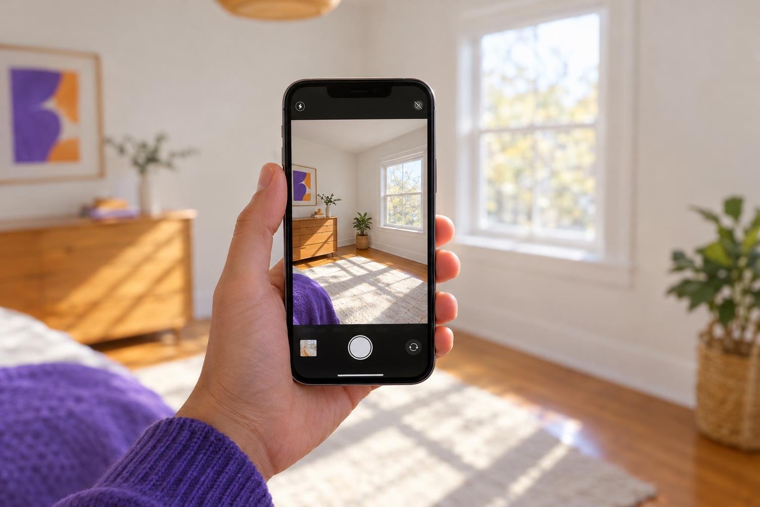 Hand holding an iPhone up to photograph a sunlit empty bedroom with white walls and a window, ready to redesign the room with Roomwisp