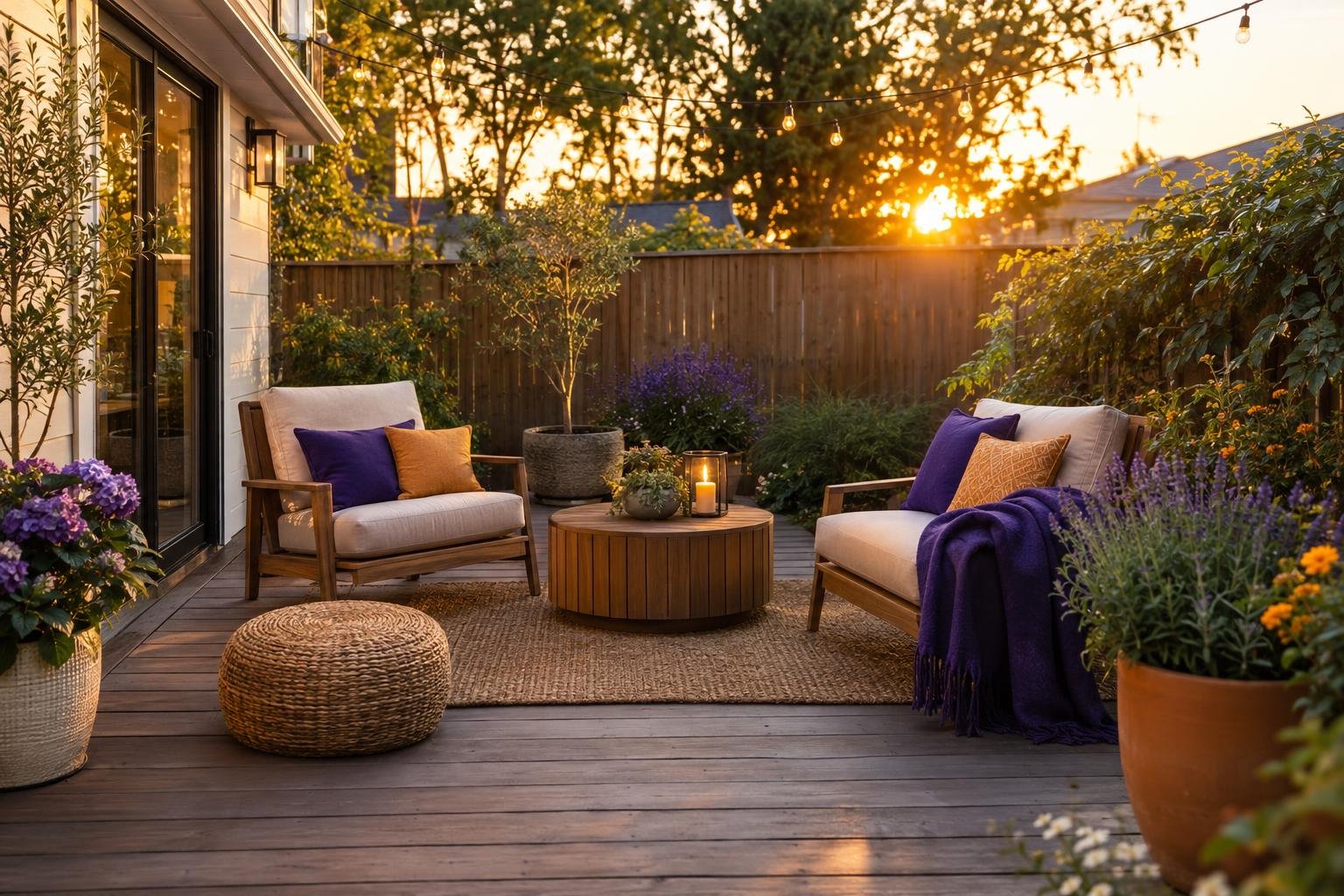Photorealistic small backyard patio redesigned with wooden decking, string lights, lounge chairs and potted plants at golden hour