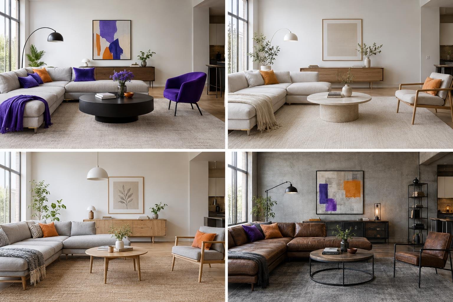 Four photorealistic versions of the same living room from the same camera angle, styled modern, minimalist, Scandinavian and industrial