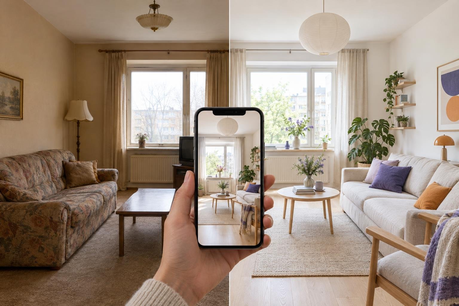 Split view of the same bright living room: on the left a plain, dated space with beige walls and an old sofa, on the right the same room redesigned by Roomwisp in a fresh modern style